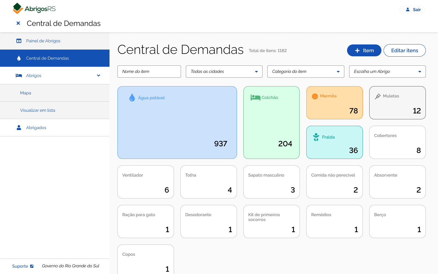 Interface real da Central de Demandas do Abrigos RS