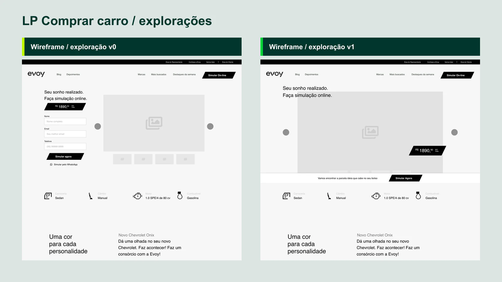 Comparação entre duas explorações de wireframe para a landing page Comprar carro