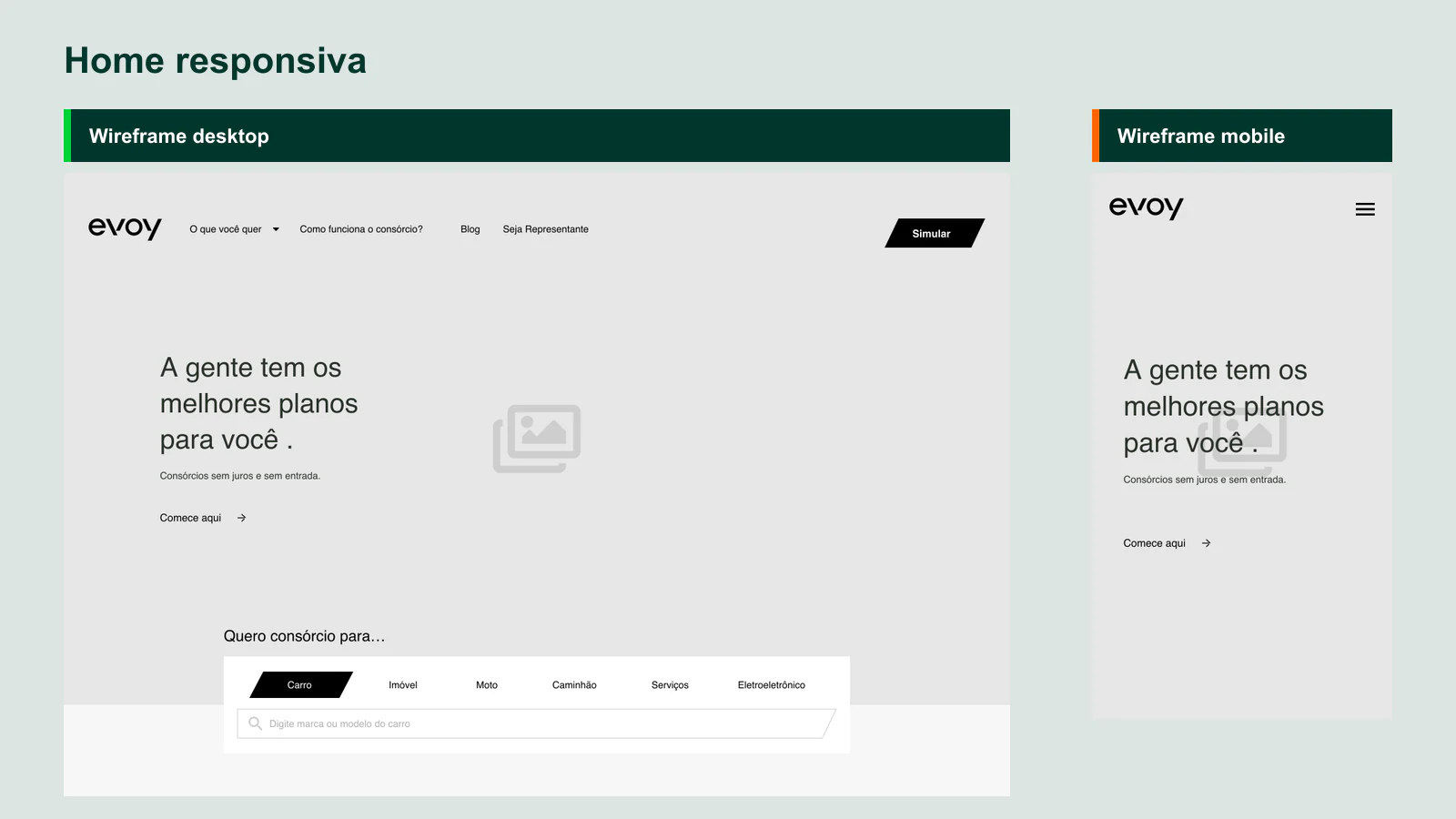 Wireframes da home Evoy em desktop e mobile